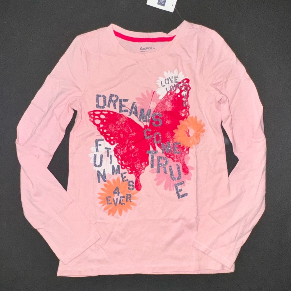 NEW Gap kids girls shirt L 10 l/s pink peach butterfly dreams come true top tee